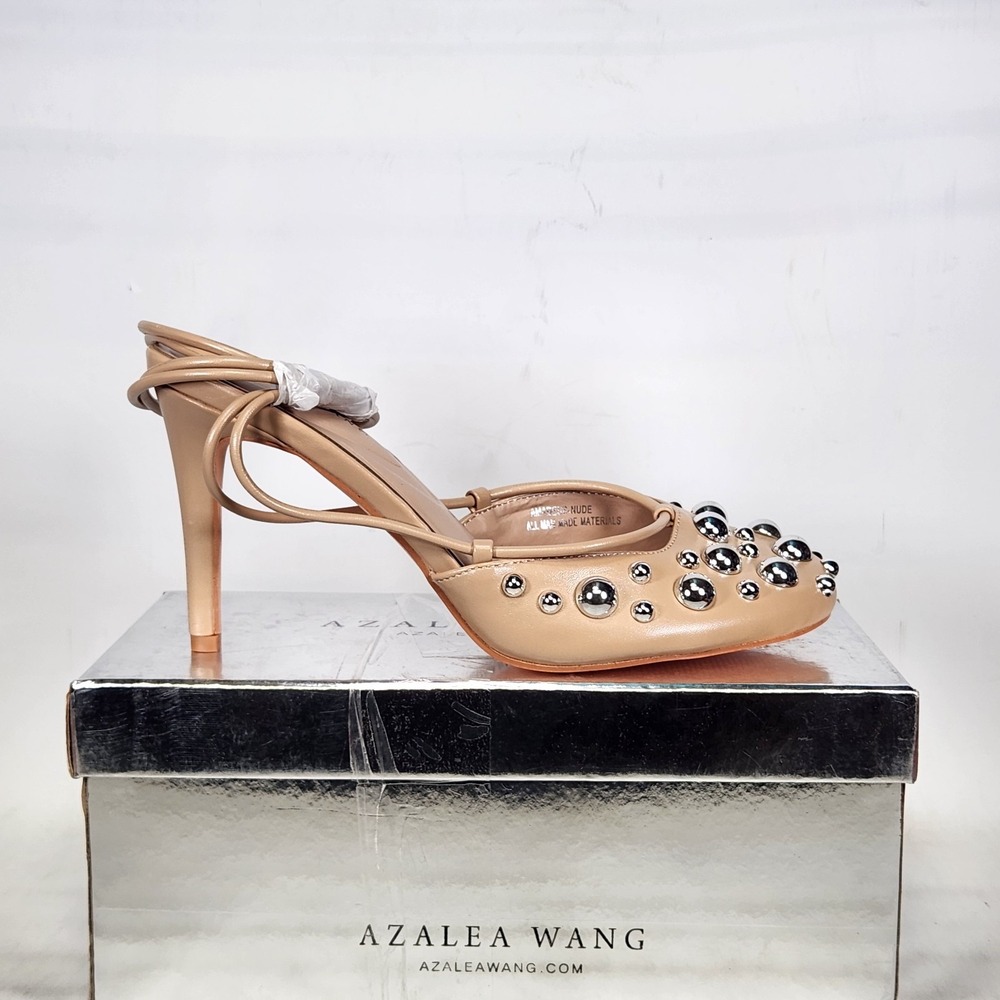 AZALEA WANG Pump Women Size 7 Nude Studded Lace Up Ankle Wrap Stiletto Heel